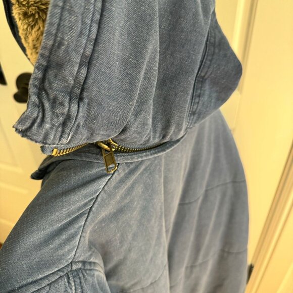 Free People Quilted Denim Jacket Sherpa Lined Hooded Coat Blue Zip-Up Size L - Picture 9 of 9